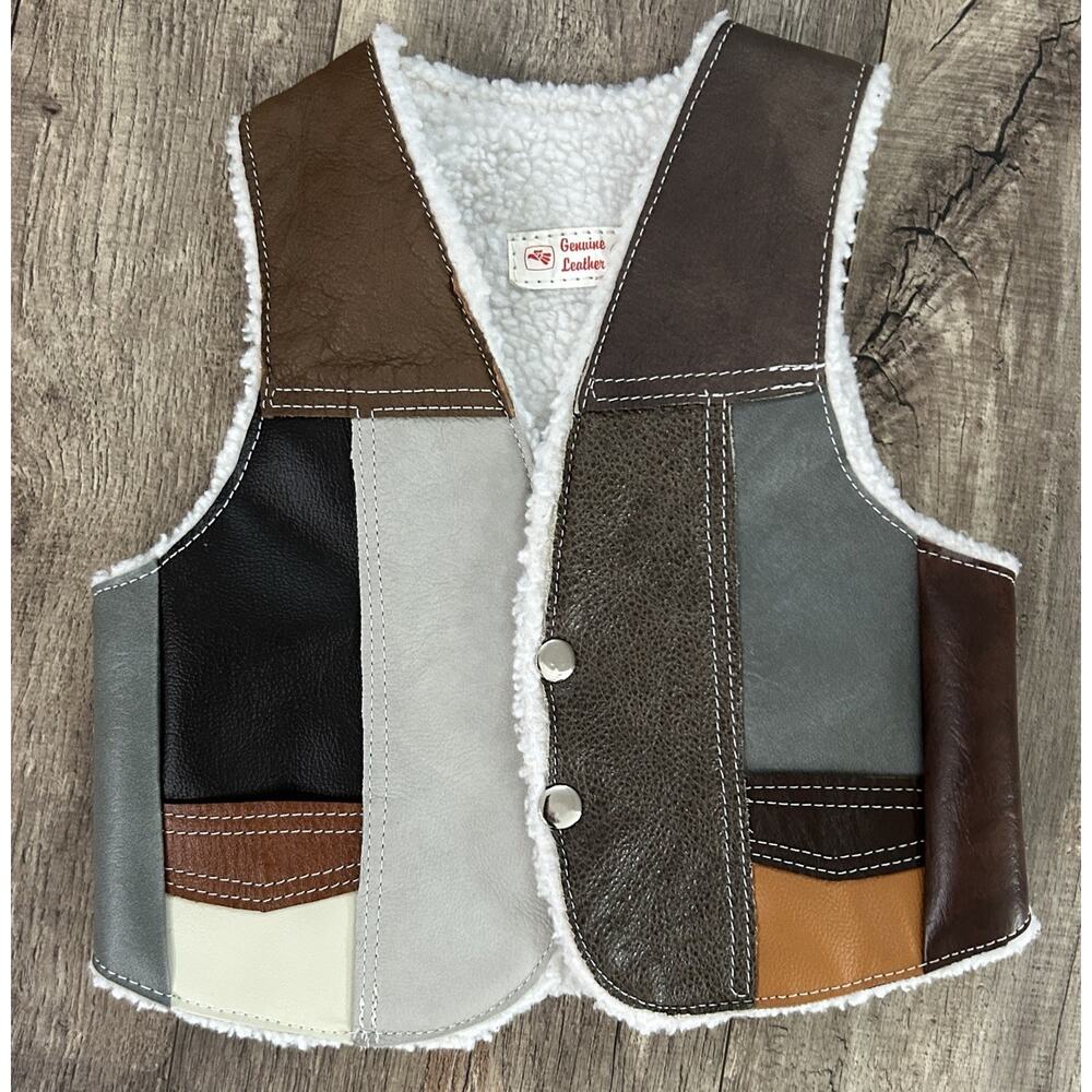 VTG Genuine Leather Patchwork Style Sherpa Lined Vest Western Cowboy Youth Sz 4